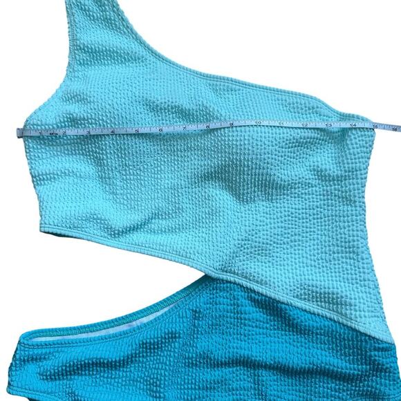 Colorblock Two Toned Blue One Shoulder Cut Out One Piece Swimsuit Size L - Picture 3 of 10